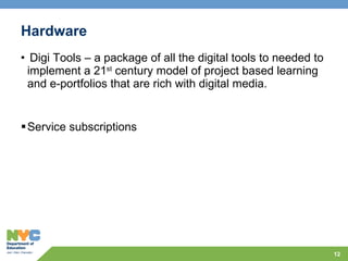 Hardware   Digi Tools – a package of all the digital tools to needed to implement a 21 st  century model of project based learning and e-portfolios that are rich with digital media. Service subscriptions 