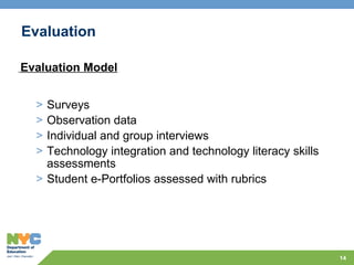 Evaluation Evaluation Model Surveys  Observation data  Individual and group interviews Technology integration and technology literacy skills assessments  Student e-Portfolios assessed with rubrics 