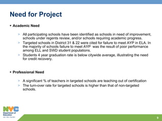 Need for Project Academic Need All participating schools have been identified as schools in need of improvement, schools under regents review, and/or schools requiring academic progress. Targeted schools in District 31 & 22 were cited for failure to meet AYP in ELA. In the majority of schools failure to meet AYP  was the result of poor performance among ELL and SWD student populations. Students 4 year graduation rate is below citywide average, illustrating the need for credit recovery. Professional Need A significant % of teachers in targeted schools are teaching out of certification The turn-over rate for targeted schools is higher than that of non-targeted schools. 