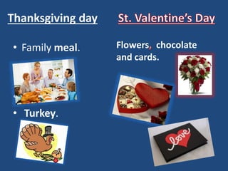 • Family meal.
•
• Turkey.
Thanksgiving day
Flowers chocolate
and cards.
 