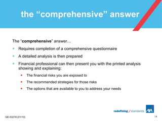the “comprehensive” answer The “ comprehensive ” answer… Requires completion of a comprehensive questionnaire A detailed analysis is then prepared Financial professional can then present you with the printed analysis showing and explaining: The financial risks you are exposed to The recommended strategies for those risks The options that are available to you to address your needs 
