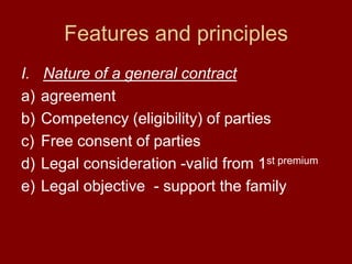 Features and principles Nature of a general contractagreementCompetency (eligibility) of partiesFree consent of partiesLegal consideration -valid from 1st premiumLegal objective  - support the family