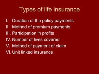 Types of life insuranceDuration of the policy paymentsMethod of premium paymentsParticipation in profitsNumber of lives coveredMethod of payment of claimUnit linked insurance