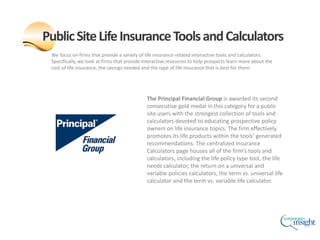 We focus on firms that provide a variety of life insurance-related interactive tools and calculators.
Specifically, we loo...
