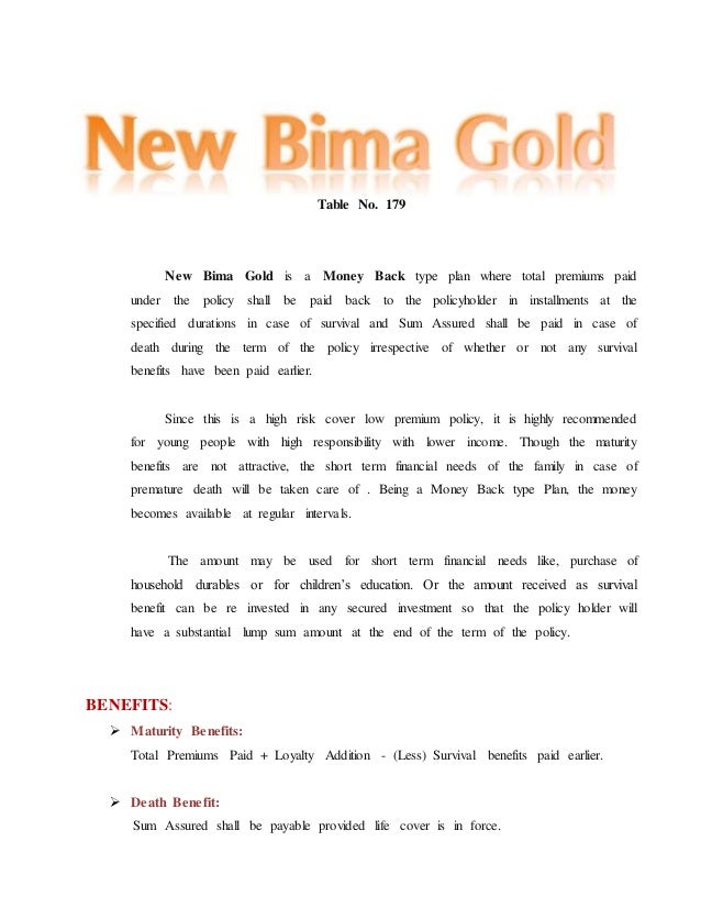 Lic New Bima Gold Policy Chart