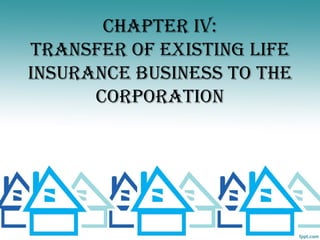 ChAPTER Iv:
TRANSFER OF EXISTINg LIFE
INSURANCE BUSINESS TO ThE
      CORPORATION
 