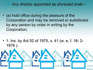 • (3) Any director appointed as aforesaid shall—

• (a) hold office during the pleasure of the
  Corporation and may be removed or substituted
  by any person by order in writing by the
  Corporation;

• 1. Ins. by Act 52 of 1975, s. 41 (w. e. f. 16- 2-
  1976 ).
 