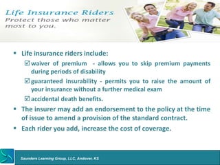 Life Insurance Basics




  Life insurance riders include:
      waiver of premium - allows you to skip premium payments
       during periods of disability
      guaranteed insurability - permits you to raise the amount of
       your insurance without a further medical exam
      accidental death benefits.
  The insurer may add an endorsement to the policy at the time
   of issue to amend a provision of the standard contract.
  Each rider you add, increase the cost of coverage.


    Saunders Learning Group, LLC, Andover, KS
 