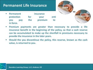 Permanent Life Insurance
  Permanent               insurance               policies            provide
   protection         for      your          entire         life,     provided
   you       pay      the     premium         to      keep        the    policy
   in force.
  Premium payments are greater than necessary to provide a life
   insurance benefit in the beginning of the policy, so that a cash reserve
   can be accumulated to make up the shortfall in premiums necessary to
   provide the insurance in the later years.
  Should the you discontinue the policy, this reserve, known as the cash
   value, is returned to you.




   Saunders Learning Group, LLC, Andover, KS
 