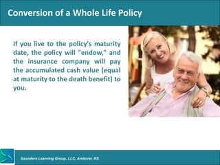 Conversion of a Whole Life Policy


 If you live to the policy's maturity
 date, the policy will "endow," and
 the insurance company will pay
 the accumulated cash value (equal
 at maturity to the death benefit) to
 you.




   Saunders Learning Group, LLC, Andover, KS
 