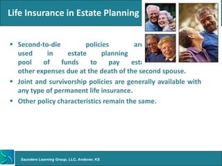 Life Insurance in Estate Planning


 Second-to-die         policies         are        commonly
  used     in     estate      planning      to    create     a
  pool    of    funds     to     pay    estate   taxes    and
  other expenses due at the death of the second spouse.
 Joint and survivorship policies are generally available with
  any type of permanent life insurance.
 Other policy characteristics remain the same.




   Saunders Learning Group, LLC, Andover, KS
 