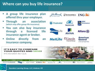 Where can you buy life insurance?

 A group life insurance plan
  offered thru your employer.
 Through     an     association
  (which may offer group life insurance)
 You can also buy insurance
  through a licensed life
  insurance agent or broker.
 Online directly from an
  insurance company.




     Saunders Learning Group, LLC, Andover, KS
 