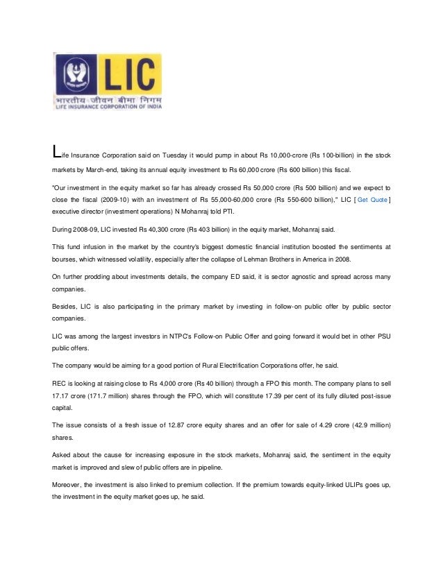 Life Insurance Corporation Said On Tuesday It Would Pump In About Rs Life Insurance Corporation Said On Tuesday It Would Pump In About Rs