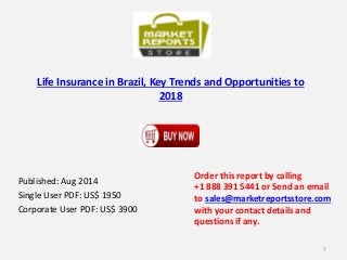 Life Insurance in Brazil, Key Trends and Opportunities to
2018
Published: Aug 2014
Single User PDF: US$ 1950
Corporate User PDF: US$ 3900
Order this report by calling
+1 888 391 5441 or Send an email
to sales@marketreportsstore.com
with your contact details and
questions if any.
1
 