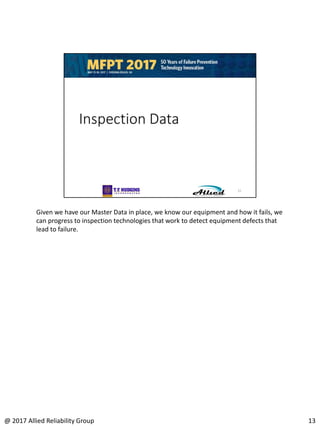 Given we have our Master Data in place, we know our equipment and how it fails, we
can progress to inspection technologies that work to detect equipment defects that
lead to failure.
13@ 2017 Allied Reliability Group
 