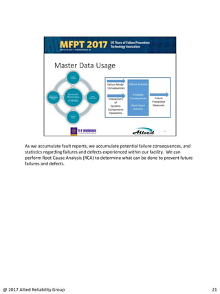 As we accumulate fault reports, we accumulate potential failure consequences, and
statistics regarding failures and defects experienced within our facility. We can
perform Root Cause Analysis (RCA) to determine what can be done to prevent future
failures and defects.
21@ 2017 Allied Reliability Group
 