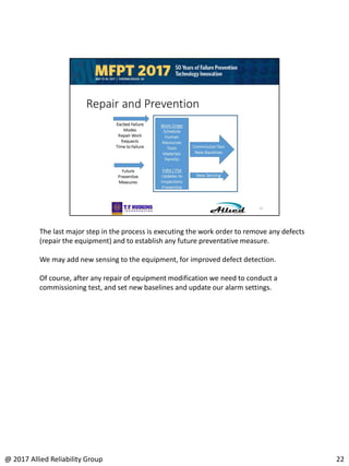The last major step in the process is executing the work order to remove any defects
(repair the equipment) and to establish any future preventative measure.
We may add new sensing to the equipment, for improved defect detection.
Of course, after any repair of equipment modification we need to conduct a
commissioning test, and set new baselines and update our alarm settings.
22@ 2017 Allied Reliability Group
 