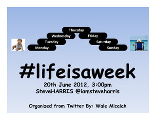Thursday
           Wednesday          Friday
      Tuesday                      Saturday
  Monday                                Sunday




#lifeisaweek
     20th June 2012, 3:00pm
  SteveHARRIS @iamsteveharris

Organized from Twitter By: Wale Micaiah
 