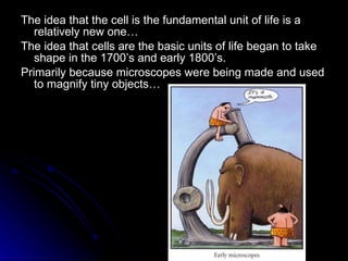 The idea that the cell is the fundamental unit of life is a relatively new one… The idea that cells are the basic units of life began to take shape in the 1700’s and early 1800’s. Primarily because microscopes were being made and used to magnify tiny objects… 