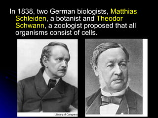 In 1838, two German biologists,  Matthias   Schleiden , a botanist and  Theodor Schwann , a zoologist proposed that all organisms consist of cells. 