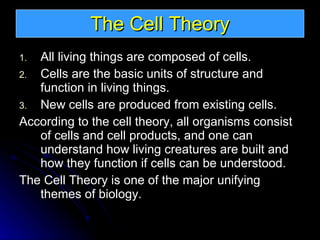 The Cell Theory All living things are composed of cells. Cells are the basic units of structure and function in living things. New cells are produced from existing cells. According to the cell theory, all organisms consist of cells and cell products, and one can understand how living creatures are built and how they function if cells can be understood. The Cell Theory is one of the major unifying themes of biology. 