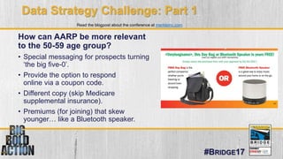 #BRIDGE17
Data Strategy Challenge: Part 1
How can AARP be more relevant
to the 50-59 age group?
• Special messaging for pr...