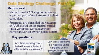 #BRIDGE17
Data Strategy Challenge: Part 3
Multicultural:
• Hispanic and AA/B segments are an
important part of each Acquis...