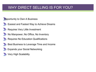 WHY DIRECT SELLING IS FOR YOU?
Opportunity to Own A Business
Easiest and Fastest Way to Achieve Dreams
Requires Very Little Investment
No Manpower, No Office, No Inventory
Requires No Education Qualifications
Best Business to Leverage Time and Income
Expands your Social Networking
Very High Scalability

Lifeis1000

15

 