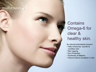 Benefits of Nutrafit

Contains
Omega-6 for
clear &
healthy skin.
Its natural antioxidants prevent:
• Help moisturize, nourish &
condition skin
• Skin Ageing
• Sun Protection
• Synthesis of Melanin
• Improve blood circulation in skin

 