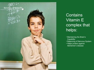 Benefits of Nutrafit

Contains
Vitamin E
complex that
helps:
• Maintaining the Brain’s

Capability
• Balancing of Nervous System
• Helps protect against
Alzheimer’s disease

 