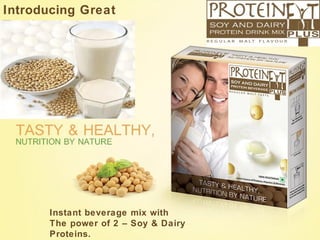 Introducing Great
Tasting

Instant beverage mix with
The power of 2 – Soy & Dairy
Proteins.

 