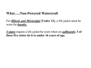 What…..Non-Powered Watercraft
For Illinois and Mississippi [Under 13], a life jacket must be
worn for kayaks.
5 states req...
