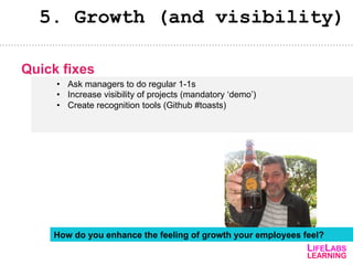 5. Growth (and visibility)
• Ask managers to do regular 1-1s
• Increase visibility of projects (mandatory ‘demo’)
• Create...