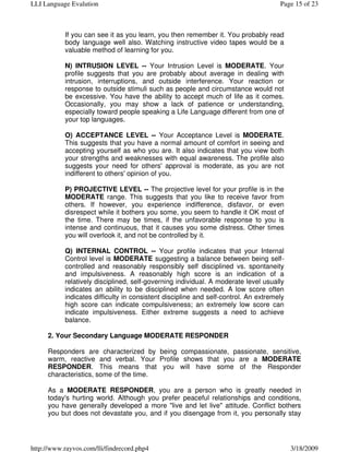 LLI Language Evalution                                                               Page 15 of 23



           If you can see it as you learn, you then remember it. You probably read
           body language well also. Watching instructive video tapes would be a
           valuable method of learning for you.

           N) INTRUSION LEVEL -- Your Intrusion Level is MODERATE. Your
           profile suggests that you are probably about average in dealing with
           intrusion, interruptions, and outside interference. Your reaction or
           response to outside stimuli such as people and circumstance would not
           be excessive. You have the ability to accept much of life as it comes.
           Occasionally, you may show a lack of patience or understanding,
           especially toward people speaking a Life Language different from one of
           your top languages.

           O) ACCEPTANCE LEVEL -- Your Acceptance Level is MODERATE.
           This suggests that you have a normal amount of comfort in seeing and
           accepting yourself as who you are. It also indicates that you view both
           your strengths and weaknesses with equal awareness. The profile also
           suggests your need for others' approval is moderate, as you are not
           indifferent to others' opinion of you.

           P) PROJECTIVE LEVEL -- The projective level for your profile is in the
           MODERATE range. This suggests that you like to receive favor from
           others. If however, you experience indifference, disfavor, or even
           disrespect while it bothers you some, you seem to handle it OK most of
           the time. There may be times, if the unfavorable response to you is
           intense and continuous, that it causes you some distress. Other times
           you will overlook it, and not be controlled by it.

           Q) INTERNAL CONTROL -- Your profile indicates that your Internal
           Control level is MODERATE suggesting a balance between being self-
           controlled and reasonably responsibly self disciplined vs. spontaneity
           and impulsiveness. A reasonably high score is an indication of a
           relatively disciplined, self-governing individual. A moderate level usually
           indicates an ability to be disciplined when needed. A low score often
           indicates difficulty in consistent discipline and self-control. An extremely
           high score can indicate compulsiveness; an extremely low score can
           indicate impulsiveness. Either extreme suggests a need to achieve
           balance.

     2. Your Secondary Language MODERATE RESPONDER

     Responders are characterized by being compassionate, passionate, sensitive,
     warm, reactive and verbal. Your Profile shows that you are a MODERATE
     RESPONDER. This means that you will have some of the Responder
     characteristics, some of the time.

     As a MODERATE RESPONDER, you are a person who is greatly needed in
     today's hurting world. Although you prefer peaceful relationships and conditions,
     you have generally developed a more "live and let live" attitude. Conflict bothers
     you but does not devastate you, and if you disengage from it, you personally stay




http://www.rayvos.com/lli/findrecord.php4                                                 3/18/2009
 