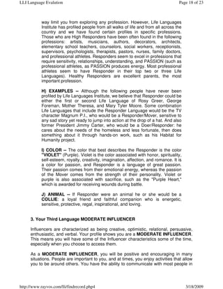 LLI Language Evalution                                                               Page 18 of 23



           way limit you from exploring any profession. However, Life Languages
           Institute has profiled people from all walks of life and from all across the
           country and we have found certain profiles in specific professions.
           Those who are High Responders have been often found in the following
           professions: artists, musicians, authors, decorators, architects,
           elementary school teachers, counselors, social workers, receptionists,
           supervisors, psychologists, therapists, pastors, nurses, family doctors,
           and professional athletes. Responders seem to excel in professions that
           require sensitivity, relationships, understanding, and PASSION (such as
           professional athletes, as PASSION produces energy. Most professional
           athletes seem to have Responder in their top two or three Life
           Languages). Healthy Responders are excellent parents, the most
           important profession.

           H) EXAMPLES -- Although the following people have never been
           profiled by Life Languages Institute, we believe that Responder could be
           either the first or second Life Language of Rosy Greer, George
           Foreman, Mother Theresa, and Mary Tyler Moore. Some combination
           Life Languages that include the Responder Language would be the TV
           character Magnum P.I., who would be a Responder/Mover, sensitive to
           any sad story yet ready to jump into action at the drop of a hat. And also
           former President Jimmy Carter, who would be a Doer/Responder: he
           cares about the needs of the homeless and less fortunate, then does
           something about it through hands-on work, such as his Habitat for
           Humanity project.

           I) COLOR -- The color that best describes the Responder is the color
           "VIOLET" (Purple). Violet is the color associated with honor, spirituality,
           self-esteem, royalty, creativity, imagination, affection, and romance. It is
           a color for passion, and Responder is a language of great passion.
           Their passion comes from their emotional energy, whereas the passion
           of the Mover comes from the strength of their personality. Violet or
           purple is also associated with sacrifice, such as the "Purple Heart,"
           which is awarded for receiving wounds during battle.

           J) ANIMAL -- If Responder were an animal he or she would be a
           COLLIE: a loyal friend and faithful companion who is energetic,
           sensitive, protective, regal, inspirational, and loving.


     3. Your Third Language MODERATE INFLUENCER

     Influencers are characterized as being creative, optimistic, relational, persuasive,
     enthusiastic, and verbal. Your profile shows you are a MODERATE INFLUENCER.
     This means you will have some of the Influencer characteristics some of the time,
     especially when you choose to access them.

     As a MODERATE INFLUENCER, you will be positive and encouraging in many
     situations. People are important to you, and at times, you enjoy activities that allow
     you to be around others. You have the ability to communicate with most people in




http://www.rayvos.com/lli/findrecord.php4                                                 3/18/2009
 