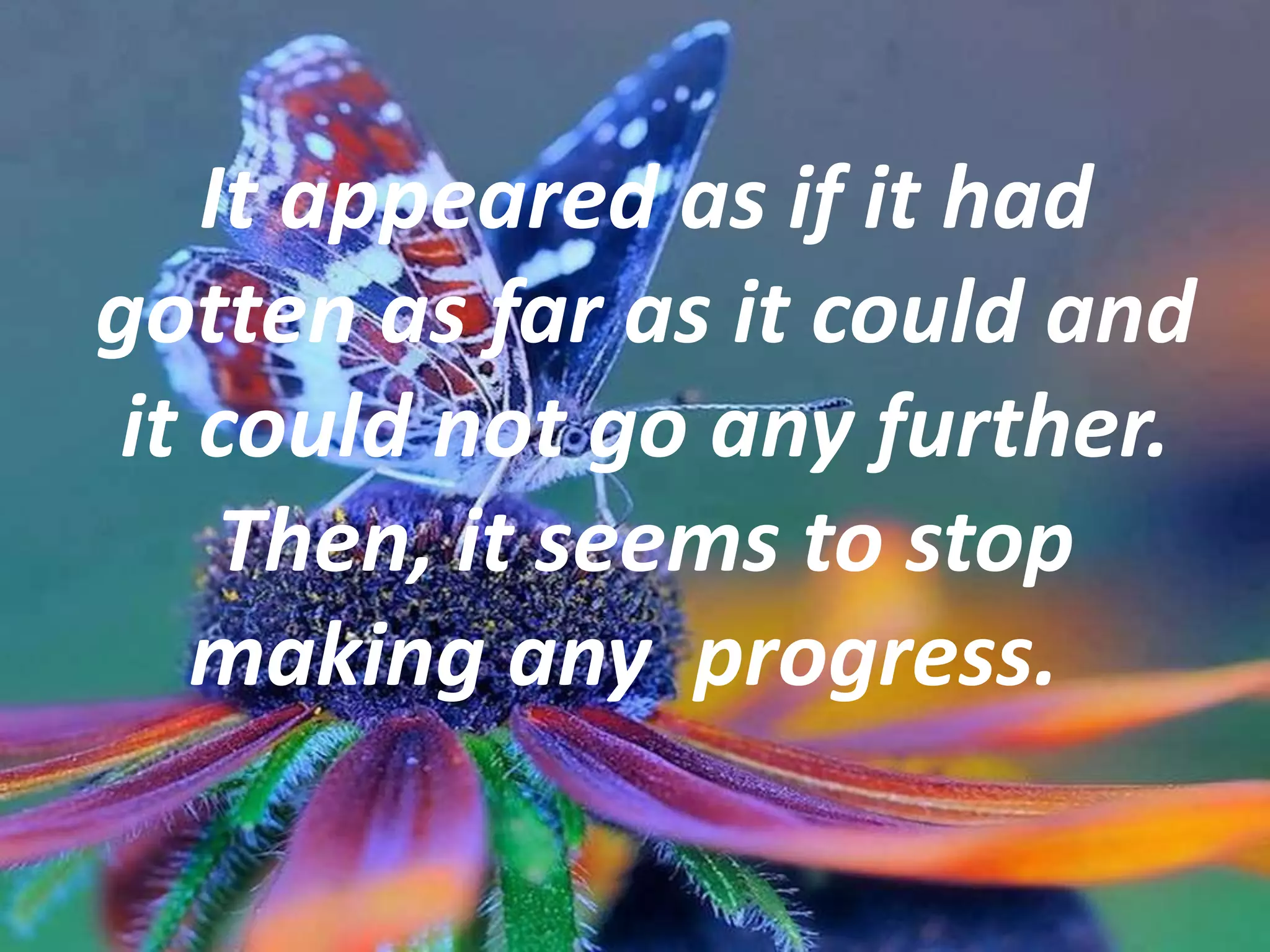 It appeared as if it had
gotten as far as it could and
it could not go any further.
Then, it seems to stop
making any progress.
 