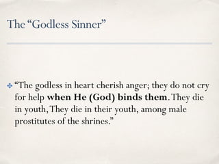Lessons from Job
✤ “Our Father disciplines us for our good, that we may
share his holiness. For the moment all discipline seems painful
rather than pleasant; later it yields the peaceful fruit of
righteousness to those who have been trained by it.” (Hebrews
12:10–11)
✤ We were so utterly, unbearably crushed that we despaired of life
itself.Why, we felt that we had received the sentence of death; but
that was to make us rely not on ourselves but on God
who raises the dead. (2 Corinthians 1:8–9)
 
