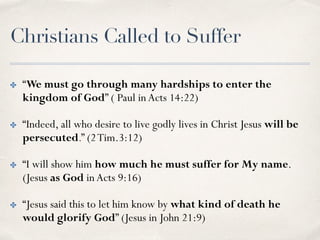 Martin Luther
✤ Whoever does not know God
hidden in suffering does
not know God at all.
✤ Prayer, study, and suffering
make a pastor.
✤ Ps. 119:71:“It is good for
me that I was afflicted,
that I may learnYour
statutes.”
 