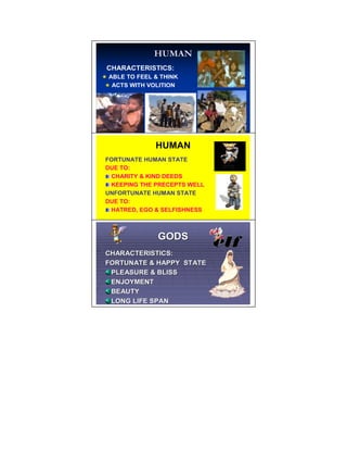 HUMAN
CHARACTERISTICS:
ABLE TO FEEL & THINK
 ACTS WITH VOLITION




             HUMAN
FORTUNATE HUMAN STATE
DUE TO:
 CHARITY & KIND DEEDS
 KEEPING THE PRECEPTS WELL
UNFORTUNATE HUMAN STATE
DUE TO:
 HATRED, EGO & SELFISHNESS



              GODS
CHARACTERISTICS:
FORTUNATE & HAPPY STATE
 PLEASURE & BLISS
 ENJOYMENT
 BEAUTY
 LONG LIFE SPAN
 