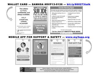 WALLET CARD — SAMHSA #SVP13-0126 — bit.ly/800273talk
MOBILE APP FOR SUPPORT & SAFETY — www.my3app.org
Handout created by Unified Community Solutions. Updated 06/05/2015.
Reprint for non-commercial use only: Please include UCS logo and original artwork.
Download free at bit.ly/800my3. Contact UCS at bit.ly/homeucs.
 
