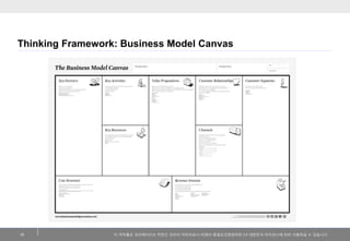 이 저작물은 크리에이티브 커먼즈 코리아 저작자표시-비영리-동일조건변경허락 2.0 대한민국 라이센스에 따라 이용하실 수 있습니다. 
Thinking Framework: Business Model Canvas 
18  