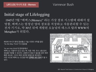 LIFE LOG 역사적 흐름 - Memex
Initial stage of Lifelogging 
1945년 7월 “메멕스(Memex)” 라는 가상 정보 시스템에 대해서 설
명함, 메멕스는 엄청난 양의 정보를 저장하고 자동관리할 수 있는
전자 기기로, 약 30년 뒤에 개발된 오늘날의 데스크 탑과 WWW의
Metaphor가 되었다.
참조: Beyond Total Capture: A Constructive Critique of Lifelogging
베네바 부시가 현대 정보통신 기술 시대의 서막을 알린
“As We May Think”기사 발표함
‘As we may think’의 한부분에서
메멕스는 사용자가 갖고 있는 책, 각종 기록, 의사 소통 등의
정보를 저장할 수 있으며, 나중에 이 정보가 필요할 경우 매우
빠른 속도로, 그리고 매우 유연한 방법으로 찾아준다.
이런 식으로 메멕스는 인간을 위한 강력한 보조 장치가 될 수
있다.
Vannevar Bush
 