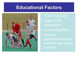 Educational Factors
          • Type of school
          • Type of PE
            experience
          • School Facilities
          • Current
            government policy
            extends opening of
            schools
 