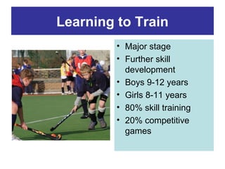Learning to Train
• Major stage
• Further skill
development
• Boys 9-12 years
• Girls 8-11 years
• 80% skill training
• 20% competitive
games

 