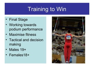 Training to Win
• Final Stage
• Working towards
podium performance
• Maximise fitness
• Tactical and decision
making
• Males 19+
• Females18+

 