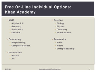 • Math
• Algebra I, II
• Geometry
• Probability
• Calculus
• Computing
• Programming
• Computer Science
• Humanities
• History
• Art
• Science
• Biology
• Physics
• Chemistry
• Health & Med
• Economics
• Micro
• Macro
• Entrepreneurship
Free On-Line Individual Options:
Khan Academy
214/25/14 Lifelong Learning; kfinn@mac.com
 