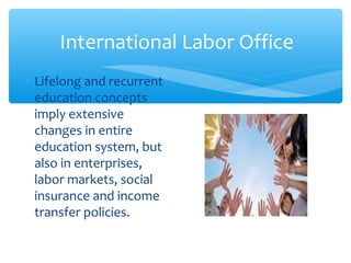 International Labor Office
∗ Lifelong and recurrent
education concepts
imply extensive
changes in entire
education system, but
also in enterprises,
labor markets, social
insurance and income
transfer policies.
 