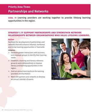 Priority Area Three:
           Partnerships and Networks
           goal >> Learning providers are working together to provide lifelong learning
           opportunities in the region.




           strategy 1 >> support partnerships and strengthen network
           relationships between organisations who value lifelong learning.
           Action
           Facilitate the development of partnerships and
           networks that will enhance informal, nonformal
           and formal learning opportunities in Townsville
           Initiatives:
           >>	 Facilitate greater interactions with business
               and employer groups to identify their learning
               needs
           >>	 Establish a learning and literacy reference
               group to work collaboratively to improve
               literacy and learning opportunities in the
               region.
           >>	 Hold an annual learning forum for learning
               providers and facilitators
           >>	 Work with partners and networks to develop
               an annual calendar of events




16	 Lifelong Learning Strategic Action Plan 2012-2014
 