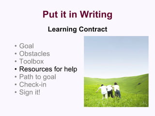 Put it in Writing Learning Contract Goal Obstacles Toolbox Resources for help Path to goal Check-in Sign it! 