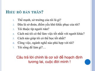 HIỂU RÕ BẢN THÂN?
   1.   Thế mạnh, sở trường của tôi là gì?
   2.   Đâu là sở đoản, điểm yếu khó khắc phục của tôi?
   3.   Tôi thuộc típ người nào?
   4.   Cách mà tôi có thể làm việc tốt nhất với người khác?
   5.   Cách nào giúp tôi có thể học tốt nhất?
   6.   Công việc, ngành nghề nào phù hợp với tôi?
   7.   Tôi sống để làm gì?…


        Câu trả lời chính là cơ sở để hoạch định
               tương lai, cuộc đời mình !
 